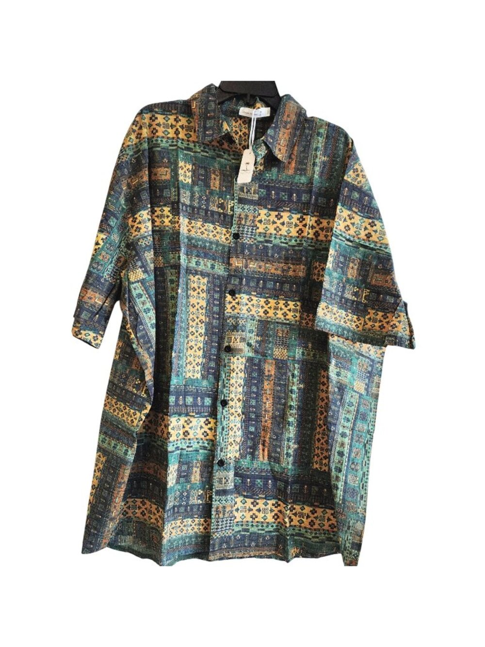 Vintage-Inspired Mens Short Sleeve Button-Up Shirt Size 2XL Tribal Green  Blue